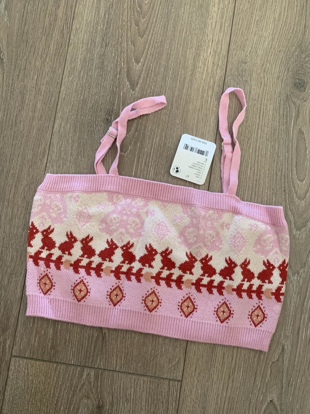 Free People Pink Snow Bunny Rabbit Fair Isle Knit Cropped Top Bralette Small NWT